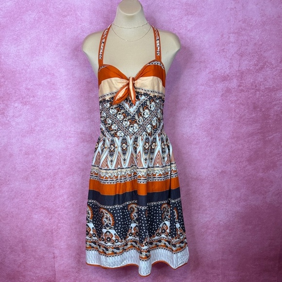Something Girl Dresses & Skirts - 126. Something Girl Boho Halter Sundress Multicolor Orange Black Print Size L